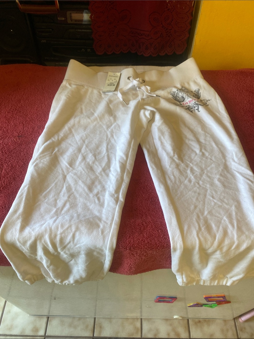 Express White Girls' Drawstring Capri Sweatpants with Embroidery